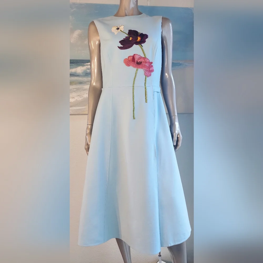 $3,400 OSCAR DE LA RENTA LIGHT BLUE WOOL FLOWER EMBR DRESS 8 - Picture 9 of 15